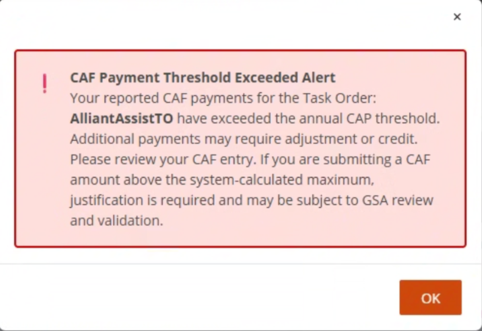 CAF CAP Threshold Exceeded Popup